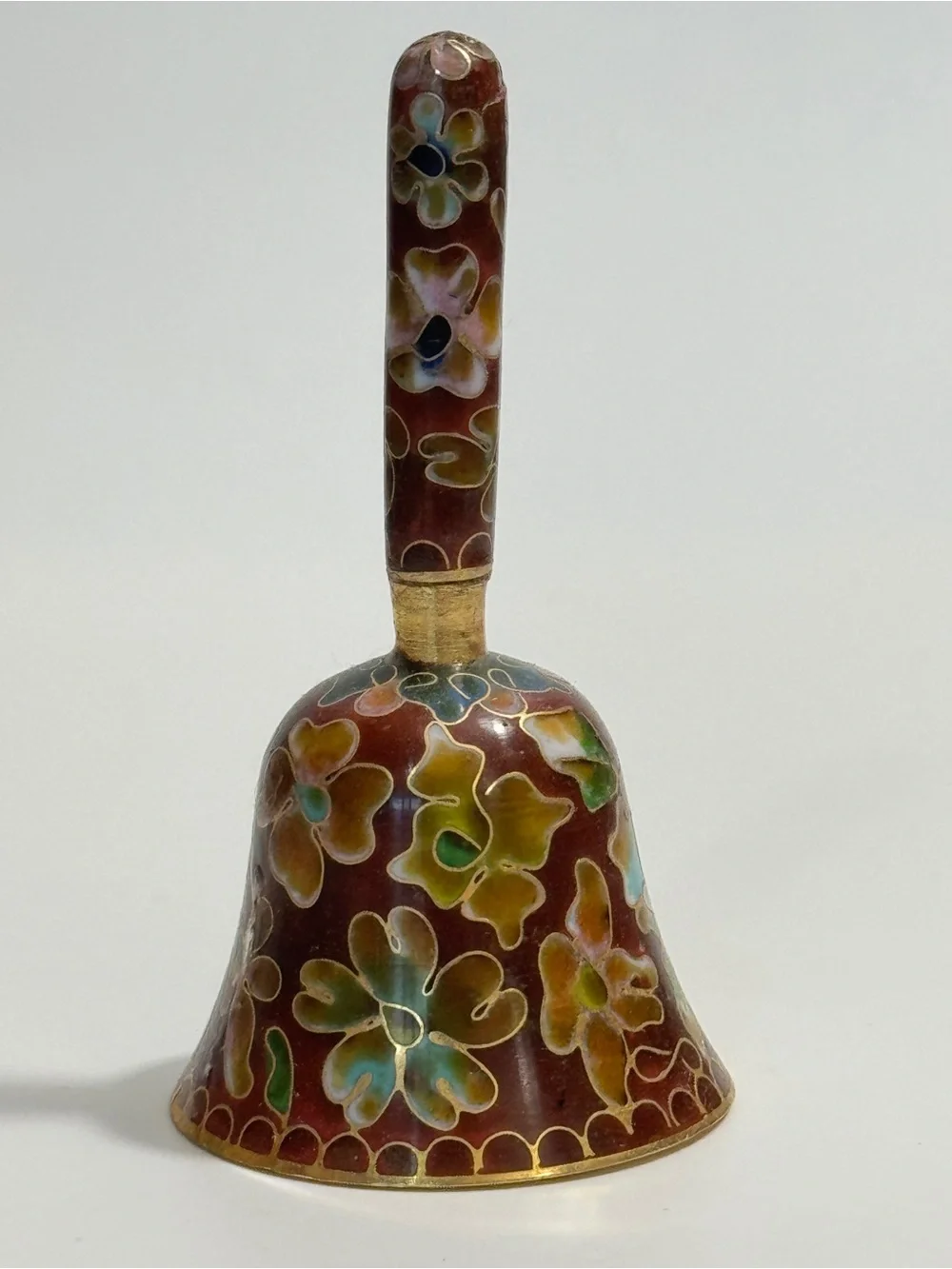 Vintage Cloisonné Floral Brass Hand Bell Burgundy Enamel Asian Decor Collectible